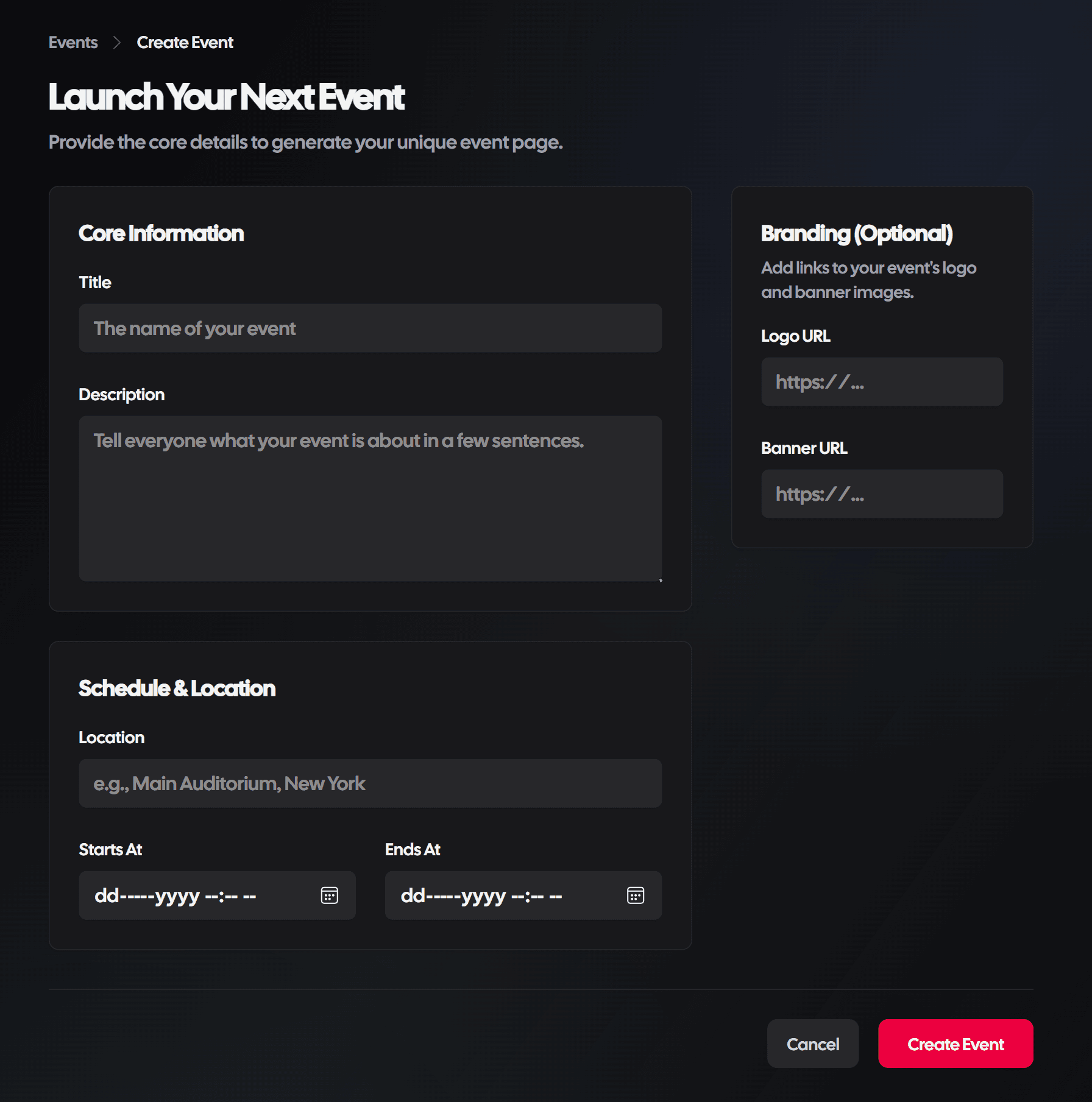 Simple event editor interface