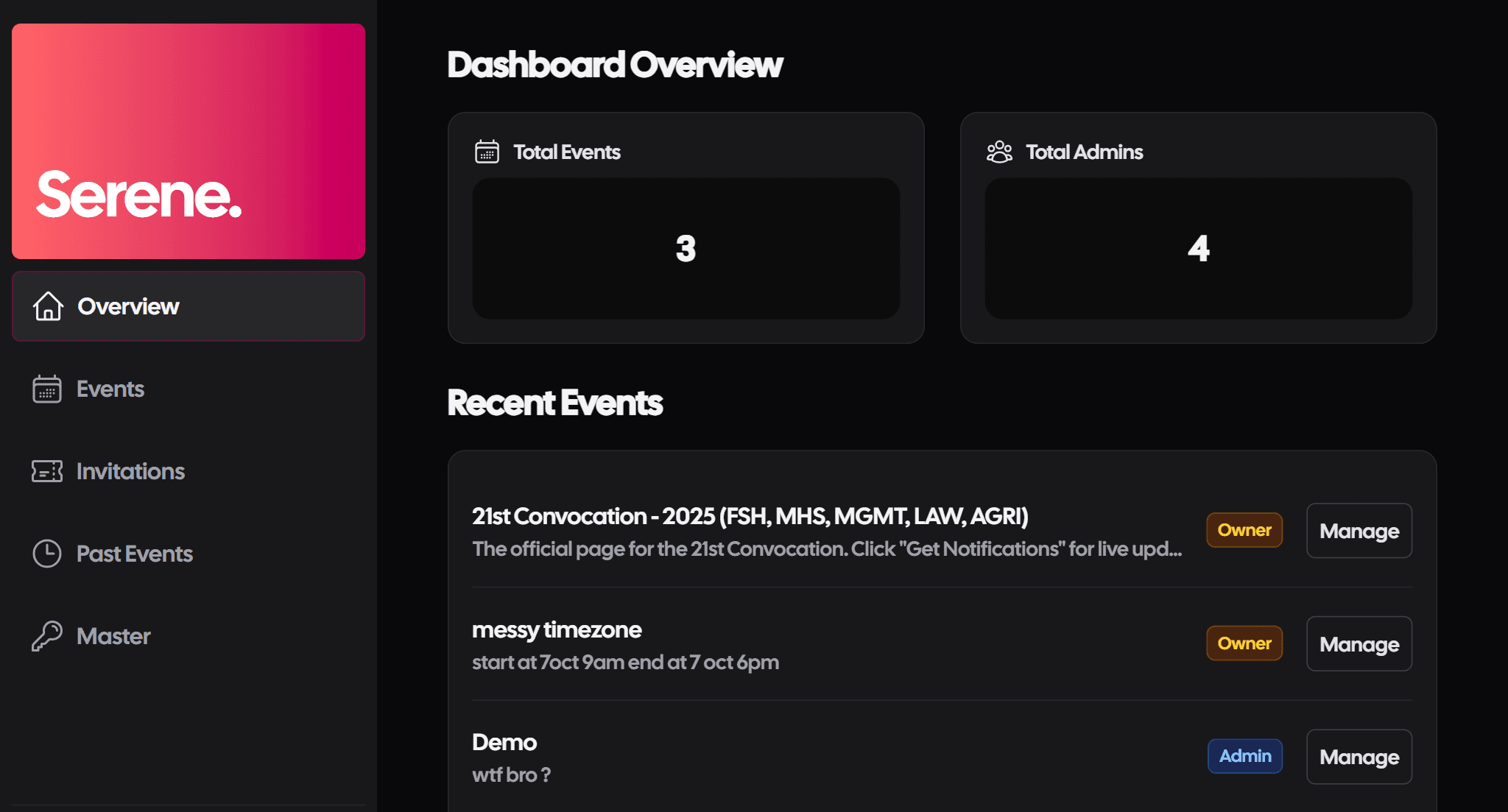 Event admin dashboard interface